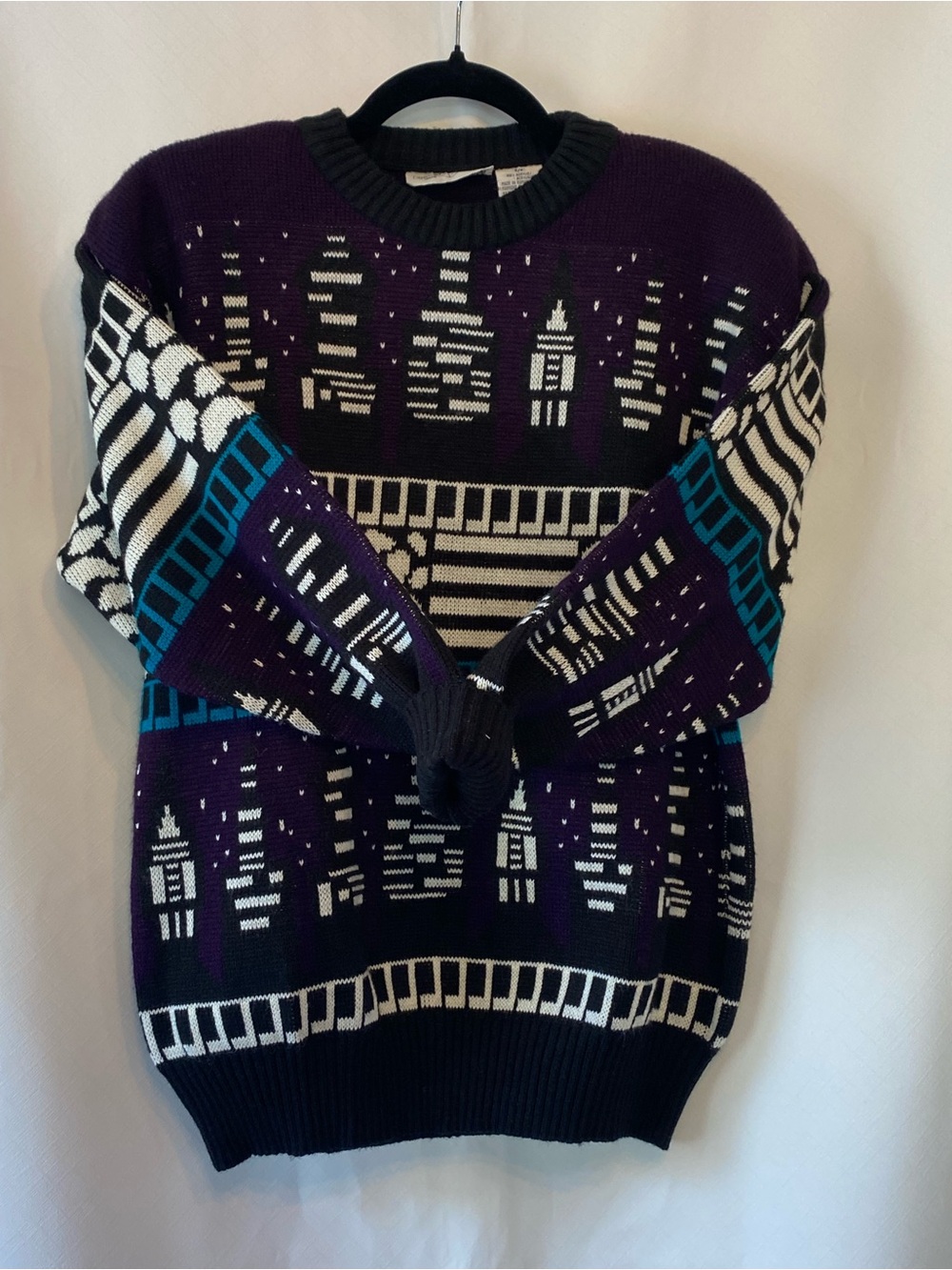 Women's Vintage Purple Psychedelic Cityscape Soft Knit Crewneck Sweater SM